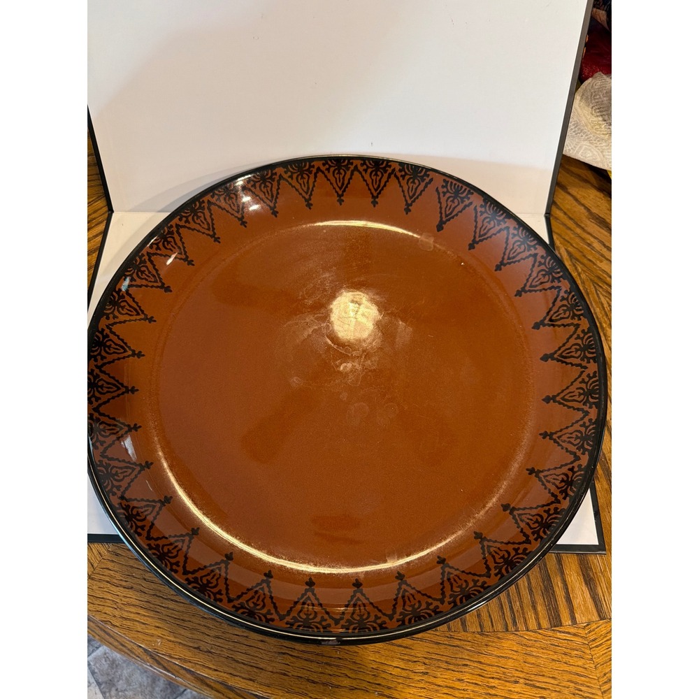 World Market Brown Black Damask Serving Platter 16 Inch Round Portugal Stoneware